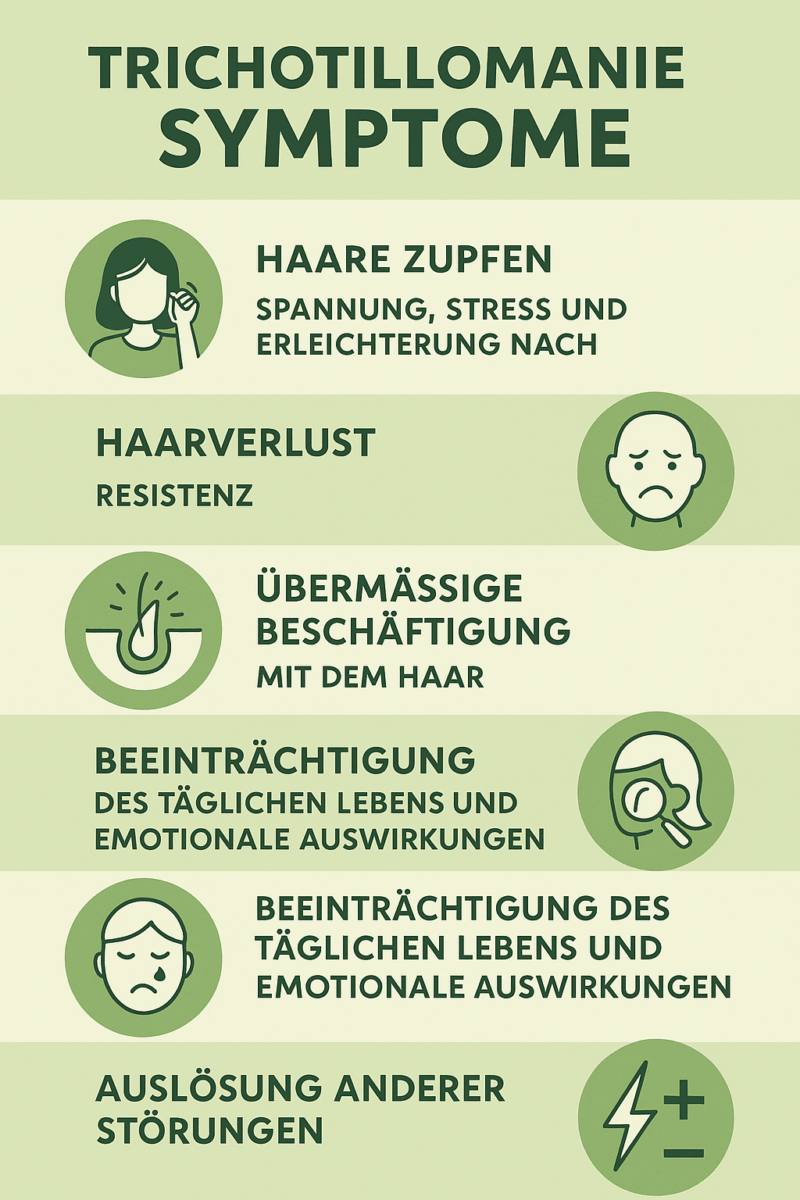 Infographik mit die verschieden Symptome von Trichotillomanie