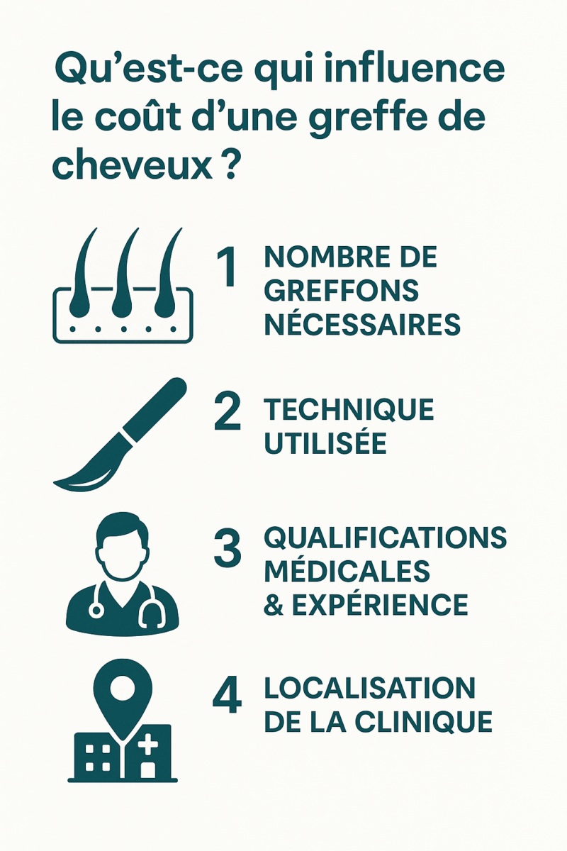 Infographique avec les élements qui déterminent le prix de la greffe de cheveux en Turquie