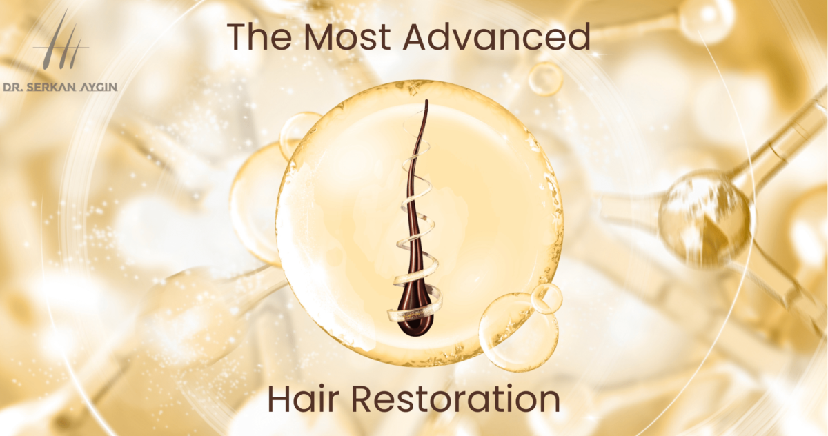 Allegory of a stem cell hair treatment with a hair follicle within a yellow cell.