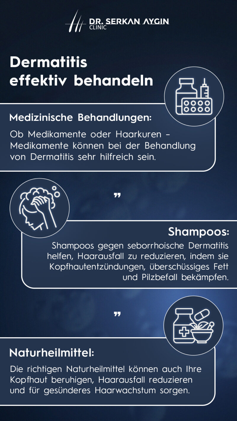 3-teilige Infografik, die erklärt, wie man seborrhoische Dermatitis Haarausfall effektiv behandelt.