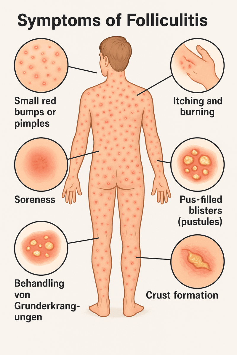 Illustration of a human body displaying the main symptoms of folliculitis.