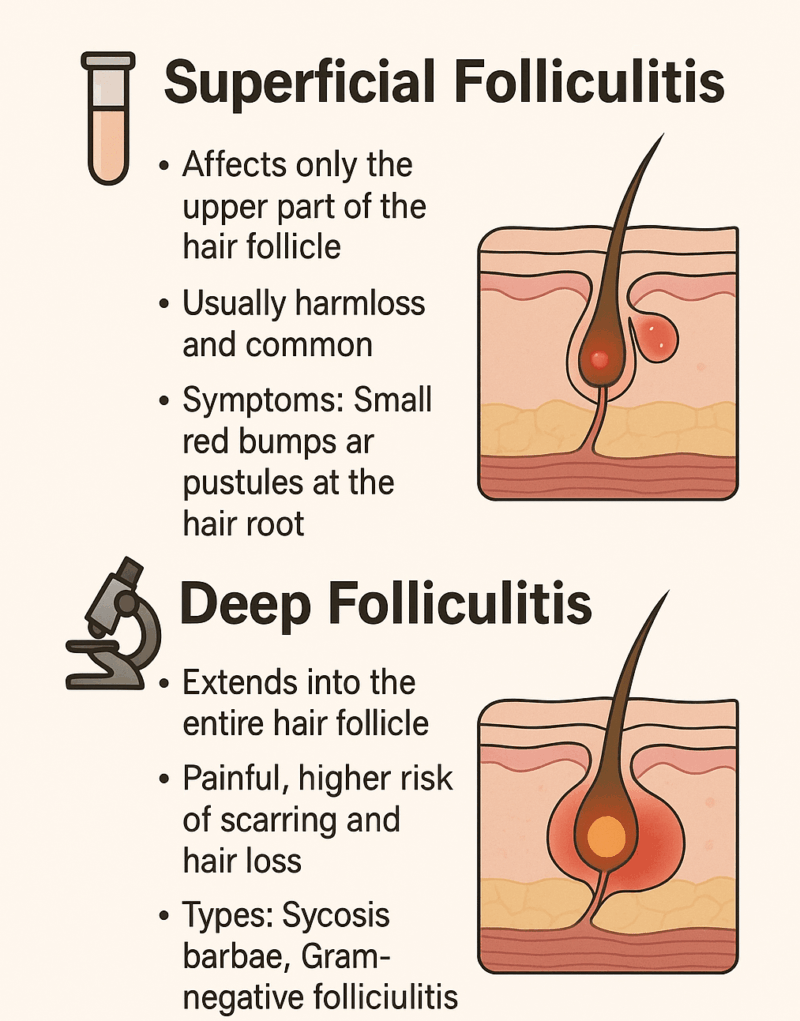Infographic illustrating the 2 main types of folliculitis and summarizing their main points.