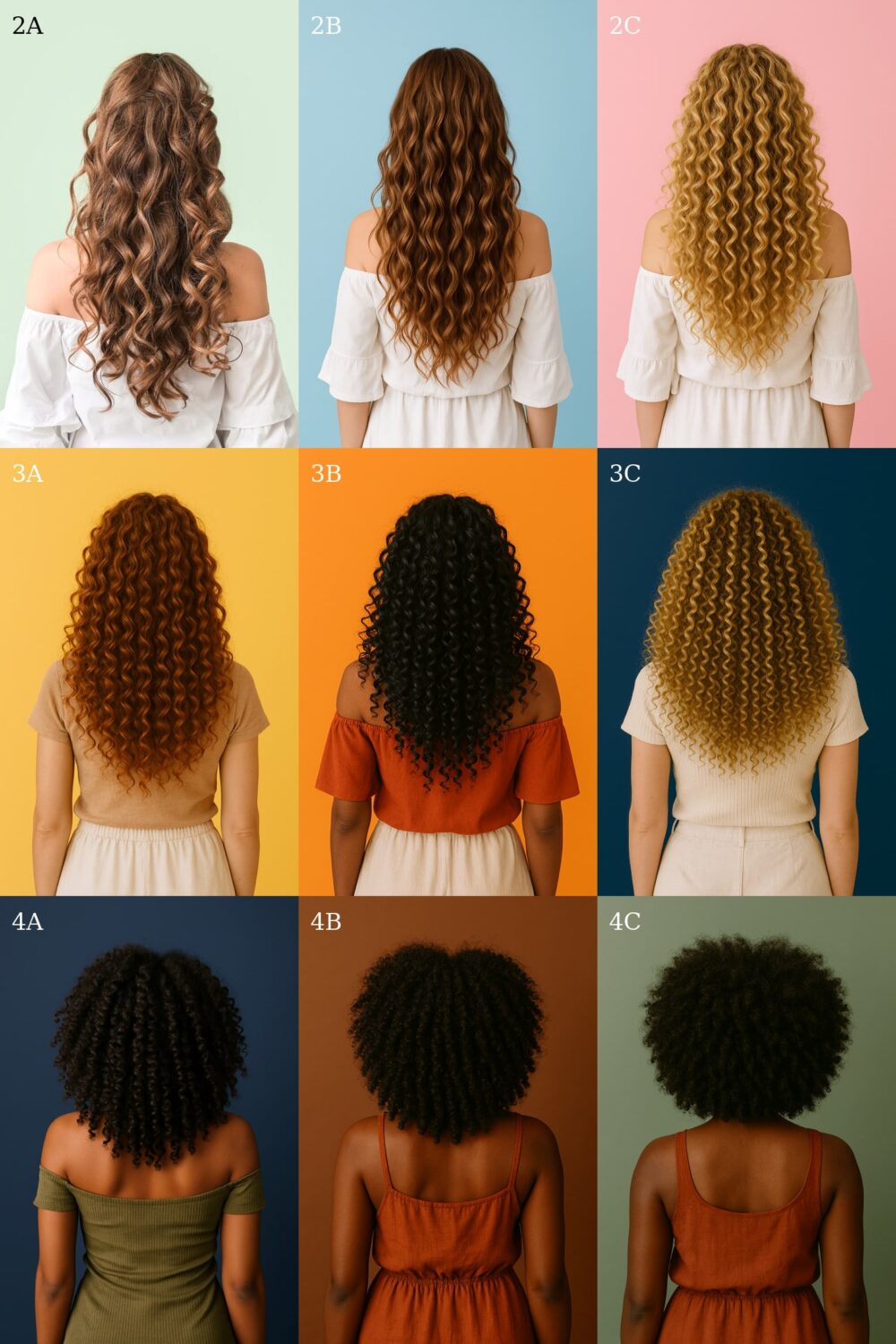 Mosaic with the 9 different types of curly hair