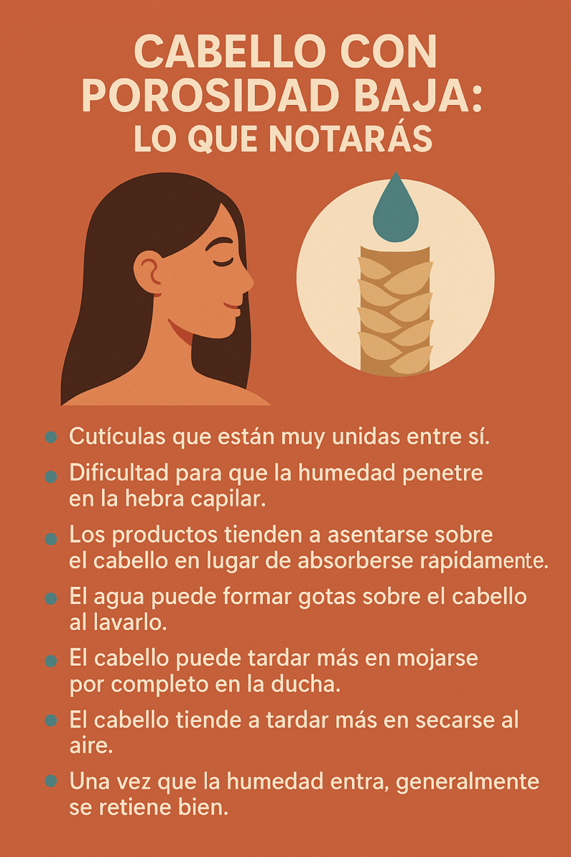 infrografico detallando las características del cabello de porosidad baja