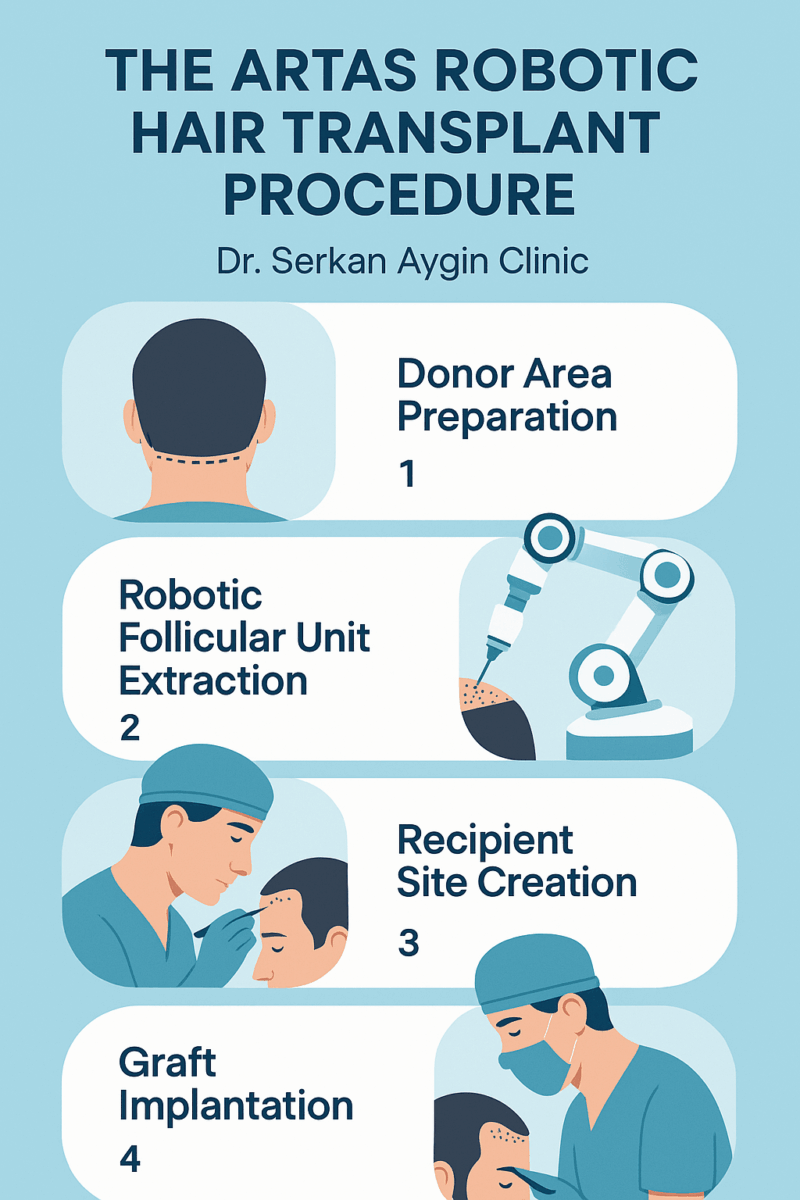 Infographic explaining the 4 main steps of a robotic hair transplant in Turkey