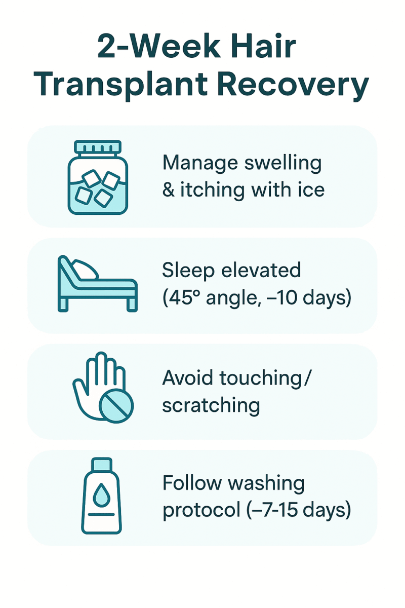 Infographic giving healing tips in 4 points during the initial (and crucial) 2-week hair transplant recovery time.