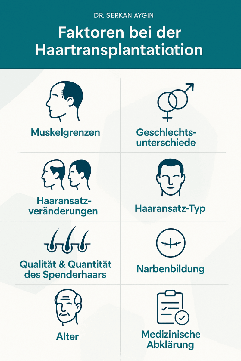 Faktoren Patienten vor der Geheimratsecken Haartransplantation bedenken sollten (Infographik).