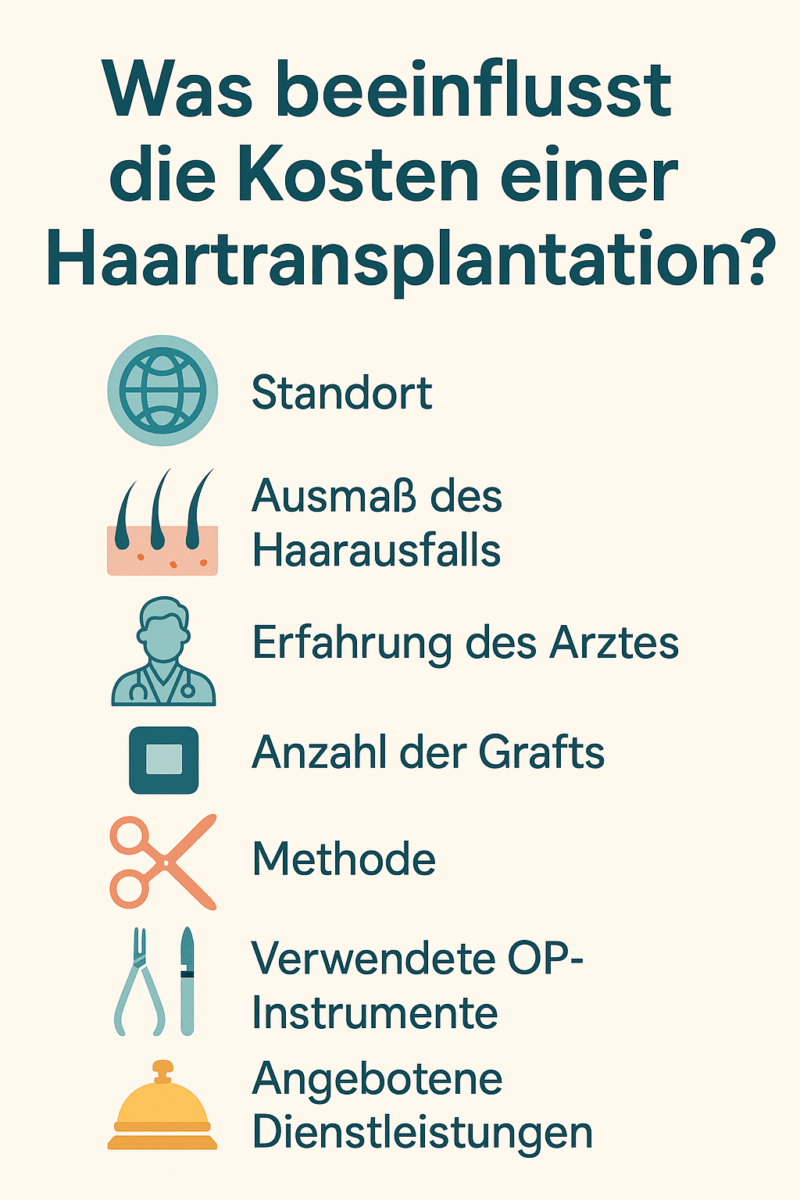 Infographik mit der 7 Hauptfaktoren der die Haartransplantation Kosten beeinflussen.