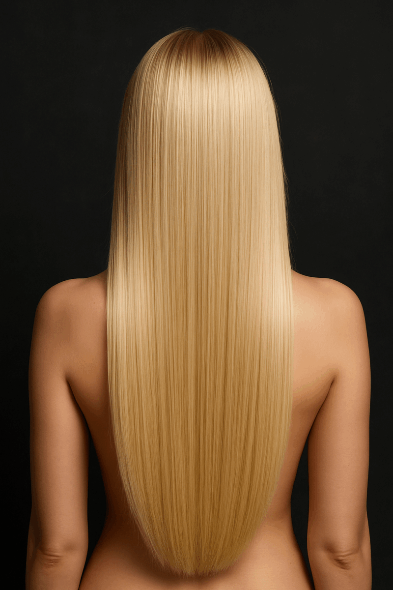 Femme vue par derrière aux cheveux blonds qui exemplifie le type de cheveux 1a