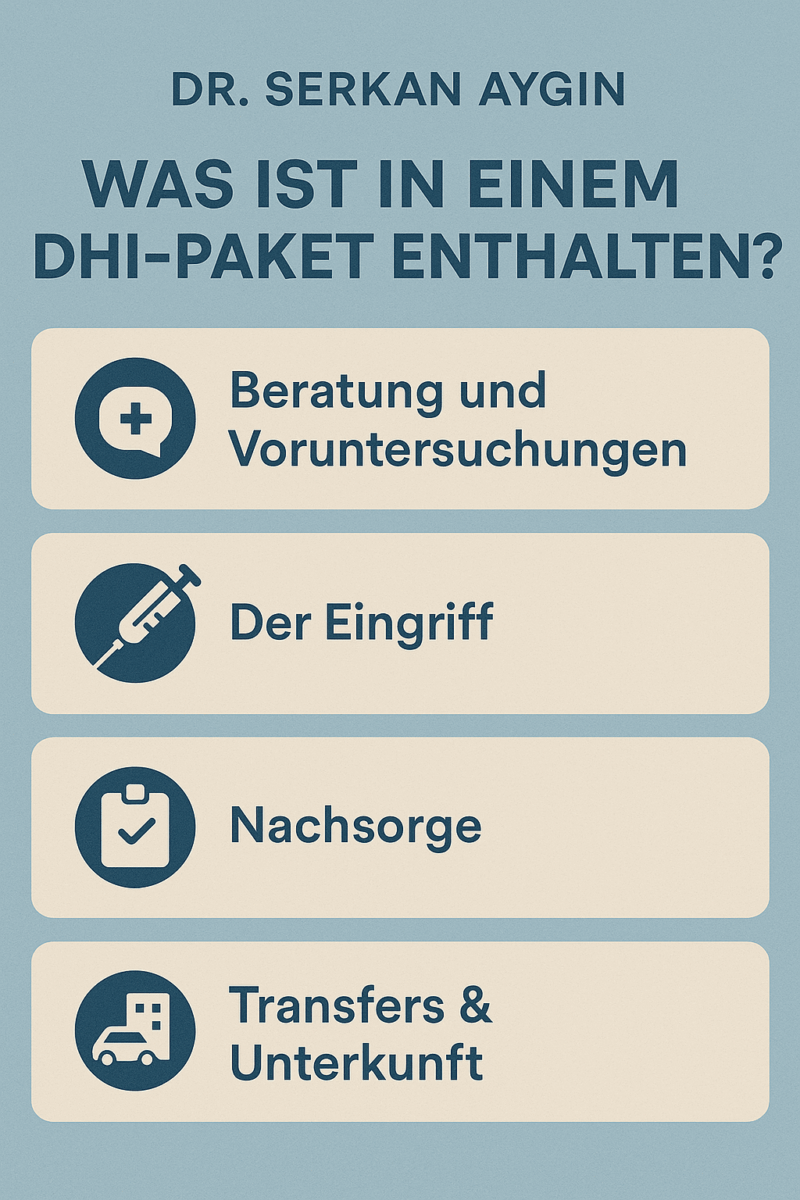 DHI Haartransplantation Türkei Kosten infographik, die erklärt, was einhalten ist in einem Paket