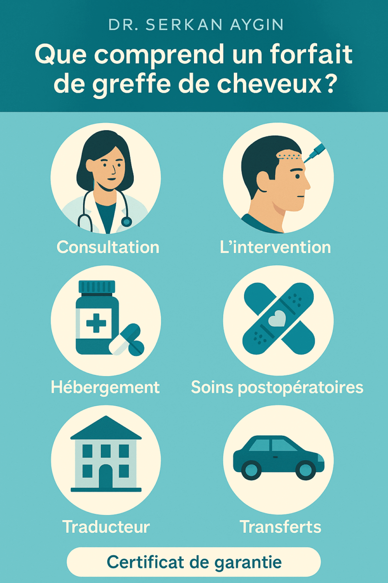 Greffe de cheveux FUE turquie prix infographique qui explique ce qu'inclut le forfait greffe de cheveux Turquie