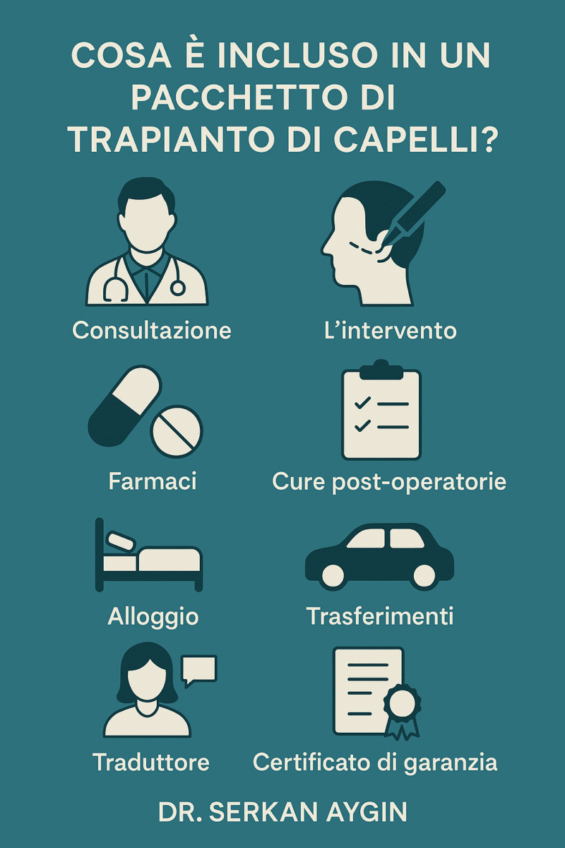 Trapianto capelli Turchia FUE costo infografica che spiega quello che viene incluso in un pacchetto di trapianto di capelli in Turchia FUE
