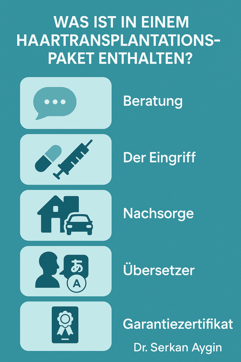 FUE Kosten Türkei infographik, die erklärt was in einem Haartransplantation Paket enthalten ist.