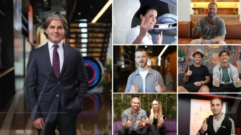 Beard transplant Turkey patient images at the Dr. Serkan Aygin Clinic with Dr. Aygin posing in the hall, collage picture